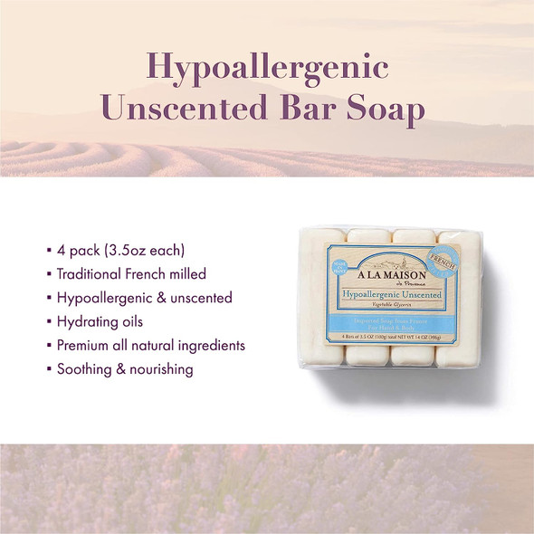 A LA MAISON Hypoallergenic Unscented Bar Soap - Triple French Milled Natural Moisturizing Hand Soap Bar (4 Bars of Soap, 3.5 oz)