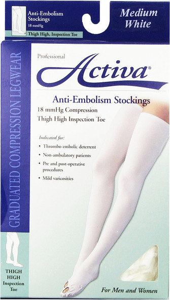 Activa Anti-EMB 18 mmHg Thigh High Inspection Toe Stockings, White, Medium