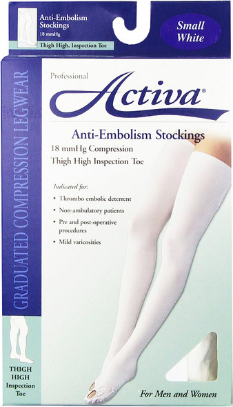 Activa Anti-EMB 18 mmHg Thigh High Inspection Toe Stockings, White, Small