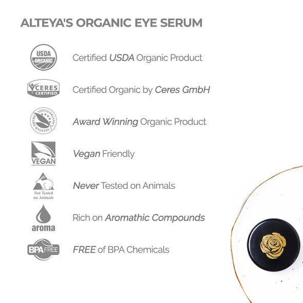 Alteya Organics Eye Serum USDA Certified Organic Skin Care 0.34 Fl Oz/10 mL Bio Damascena Award-Winning Eye Treatment with Organic Bulgarian Rose Oil Rejuvenating, Revitalizing and Clarifying