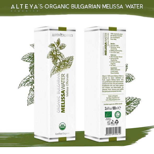 Alteya Organics Melissa Water USDA Certified Organic Facial Toner, 3.4 Fl Oz/100mL Pure Bulgarian Melissa Officinalis Flower Water, Award-Winning Moisturizer BPA-Free Spray Bottle