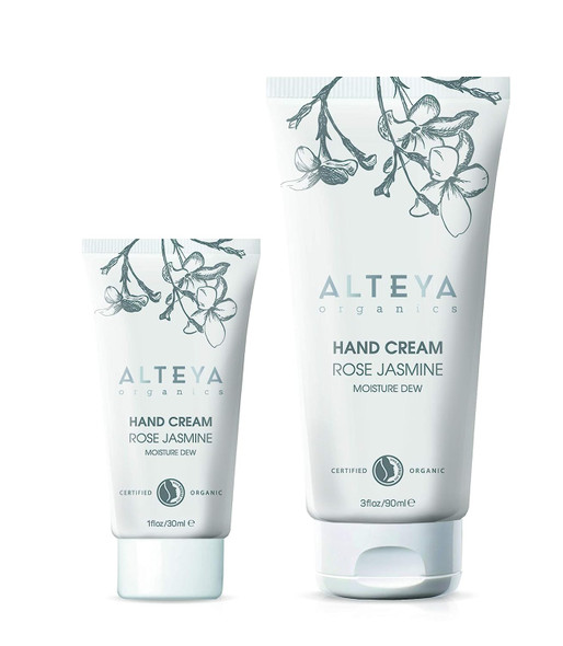 Alteya Organics Moisture Dew Hand Cream 30ml - Certified Organic hand skin treatment cream with rose water and jasmine extract, moisturising and softening