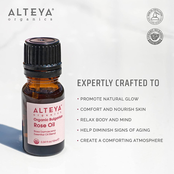 Alteya USDA Organic Bulgarian Rose Oil Rosa Damascena Otto Multi-Use Essential Oil Blend Excellent for Aromatherapy, Fragrance, Skincare and Massage Therapy 10mL