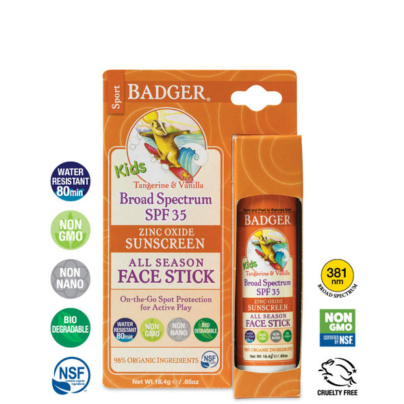 Badger - SPF 35 Clear Zinc Kids Sunscreen Stick - Tangerine & Vanilla - Broad Spectrum Water Resistant Reef Safe Sunscreen, Natural Mineral Sunscreen with Organic Ingredients .65 oz