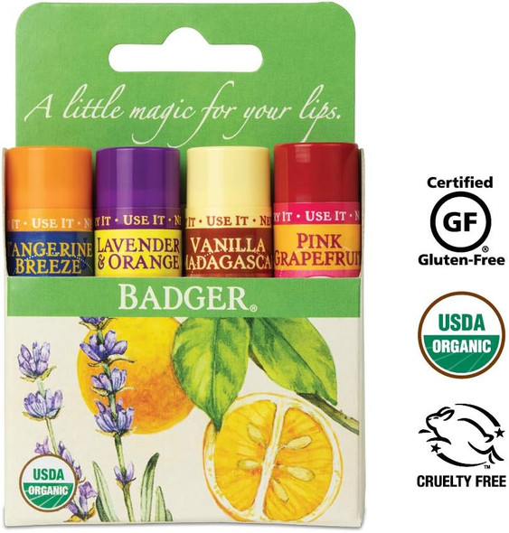 Badger Organic Lip Balm 4 Sticks Gift Set green Pack by grafton International, 2.4 Oz