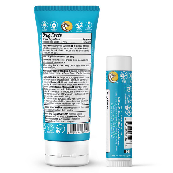 Badger SPF 30 Active Mineral Sunscreen Cream and SPF 35 Active Mineral Sunscreen Face Stick - Reef-Friendly Broad-Spectrum Water-Resistant Sunscreen with Zinc Oxide - Unscented, 2.9 oz and .65 oz