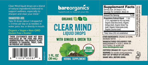 BareOrganics Clear Mind Liquid Drops, Herbal Supplement, Organic Drops, 1 Ounce