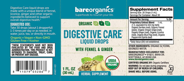 BareOrganics Digestive Care Liquid Drops, Herbal Supplement, Organic Fennel and Ginger Drops, 1 Ounce