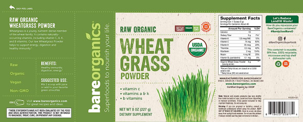 BareOrganics Wheatgrass Powder, Organic, Vegan Dietary Supplement,8 Ounce (Pack of 1)