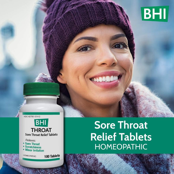 BHI Throat Sore Throat Relief Natural, Safe Homeopathic Relief - 100 Tablets