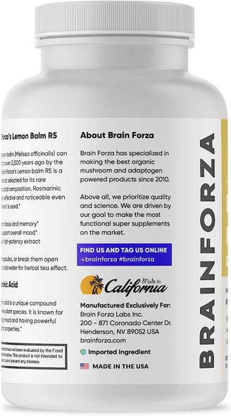 Brain Forza European Lemon Balm Extract Capsules - Standardized Extract 5% Rosmarinic Acid, 90 Capsules