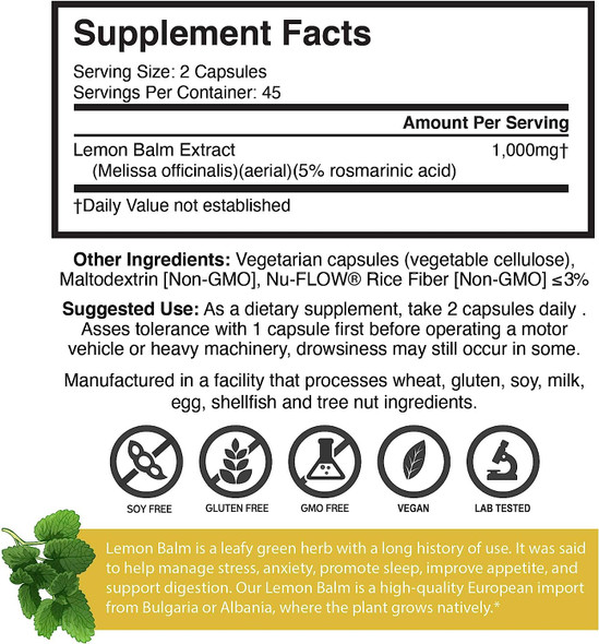 Brain Forza European Lemon Balm Extract Capsules - Standardized Extract 5% Rosmarinic Acid, 90 Capsules