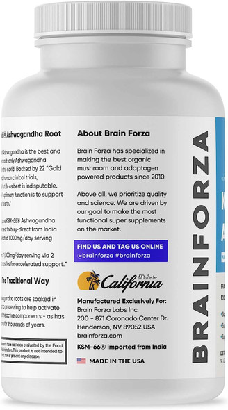 Brain Forza KSM-66 Ashandha Organic Pure Root Extract, Strongest 1,000mg Dose, High Potency 5% Withanolides, Hormone Health, Cognitive Support, Organic, Non-GMO, 90 Capsules
