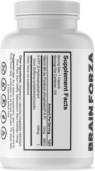 Brain Forza Natural 5-HTP 100 mg Plus Vitamin B6 P5P Capsules - Natural Support for Sleep Aid, Mood Help, Stress Management, Neurotransmitter Support, Non-GMO, Vegan, 120 Capsules