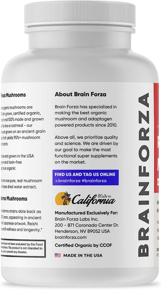 Brain Forza Organic Red Reishi Mushroom Capsules, Adaptogenic Mushroom Powered Immune Support, Heart and Cardiovascular Health, General Wellness and Vitality, Non-GMO, Vegan, Organic, 90 Capsules