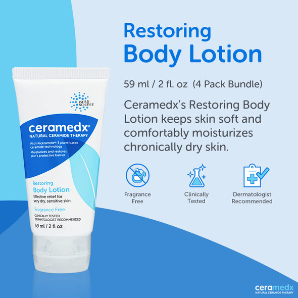 CERAMEDX Restoring Body Lotion  Natural Ceramide Lotion for Dry and Sensitive Skin  Fragrance Free Lotion - Cruelty Free and Vegan Lotion (2 oz., Pack of 4 Bottles)