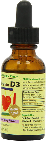 CHILDLIFE ESSENTIALS Child Life Vitamin D3, Berry Flavor, Glass Bottle, 1 Ounce (Pack of 3)