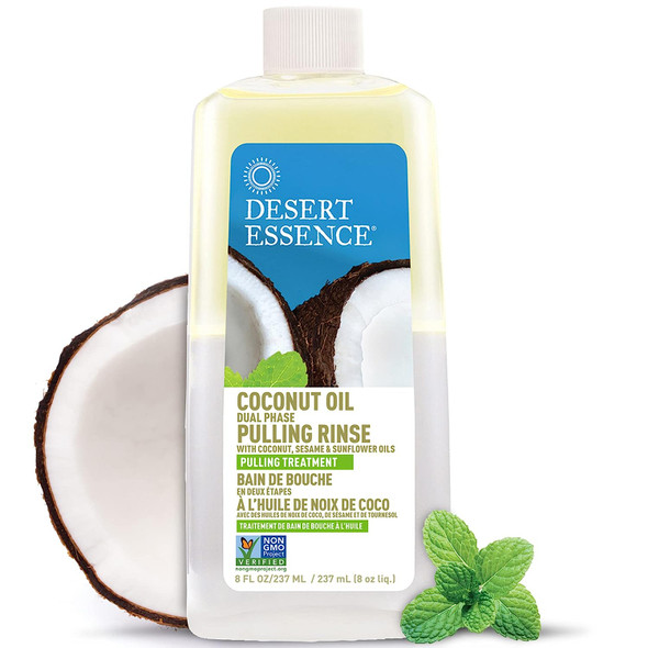 Desert Essence Coconut Oil Dual Phase Pulling Rinse - 8 Fl Ounce - Pulling Treatment - Coconut, Sesame & Sunflower Oils - Tea Tree - Vitamin C - Reduces Plaque Buildup - Freshens Mouth