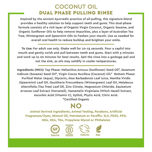 Desert Essence Coconut Oil Dual Phase Pulling Rinse - 8 Fl Ounce - Pulling Treatment - Coconut, Sesame & Sunflower Oils - Tea Tree - Vitamin C - Reduces Plaque Buildup - Freshens Mouth