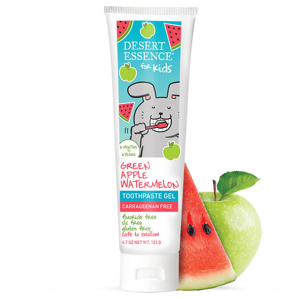 Desert Essence Floride-Free Gel Toothpaste for Kid's - 4.7oz - Green Apple Watermelon - Gluten and SLS Free - Great Taste - Children 6 Monthes to 6 Years