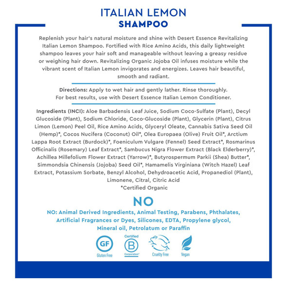 Desert Essence Italian Lemon Shampoo & Conditioner Bundle - 8 Fl Ounce - Revitalizing - Aloe Vera - Vitamin B5 - Adds Volume, Shine & Strength - Hair Detangler