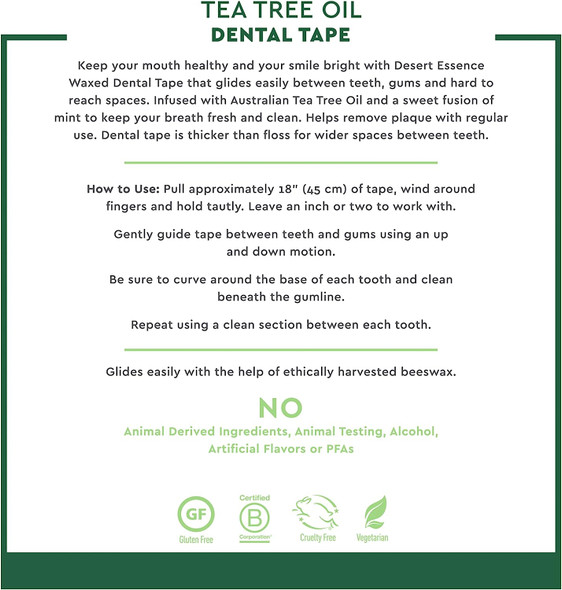 Desert Essence Tea Tree Oil Dental Tape - 30 Yards - Pack of 3 - Naturally Waxed w/Beeswax - Thick Flossing No Shred Tape - On The Go - Removes Food Debris Buildup - Cruelty-Free Antiseptic