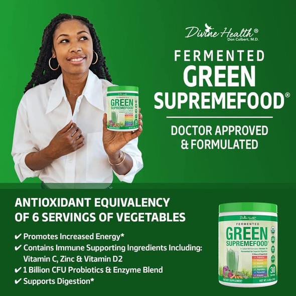 Divine Health Organic Fermented Green Supremefood - 10 Vegetables + 4 Grasses and Probiotics, Apple Cinnamon Flavor (30 Day Supply)