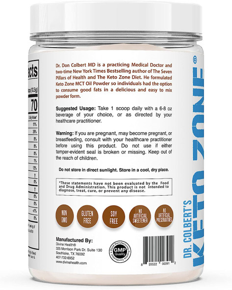 Dr. Colbert's Keto Zone® MCT Oil Powder | Hazelnut Flavor | 70% C8 | 30% C10 | 0 Net Carbs | Gluten Free | 30 Day Supply | 315g |
