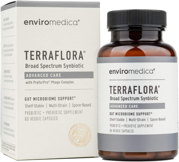 Enviromedica Terraflora Advanced Care SBO Probiotic + Prebiotic Supplement - a Soil Based Shelf Stable Bacillus Spore Synbiotic with Patented PreforPro Phage Complex (60ct)