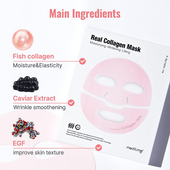 Meditime Collagen Mask, Korean Collagen Firming Mask | Collagen Face Sheet Mask for Reducing Fine Lines & Brightening, 4 sheets