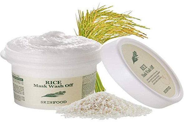 SKINFOOD Mask Rice 100g - White Rice Exfoliating Scrub Wash Off Face Masks for Darken Skin - Facial Cleanser, Pore Exfoliator, Soften Body Skin - Safe For Men and Women (3.52 oz)