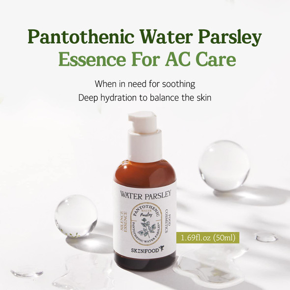 SKINFOOD Pantothenic Water Parsley Silence Essence, 1.69 fl.oz (50ml), Vegan AC/Blemish Prone Skin Serum, Sebum & Oil & Pore Care, Slight Acidic (Low PH)