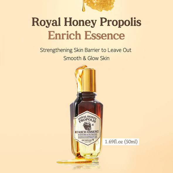 SKINFOOD Royal Honey Propolis Enrich Essence - 63% Black Bee Propolis & 10% Royal Jelly Extract Face Serum - Propolis Serum for Skin - Royal Essence Face Toner - 1.69 Fl. Oz. (50mL)