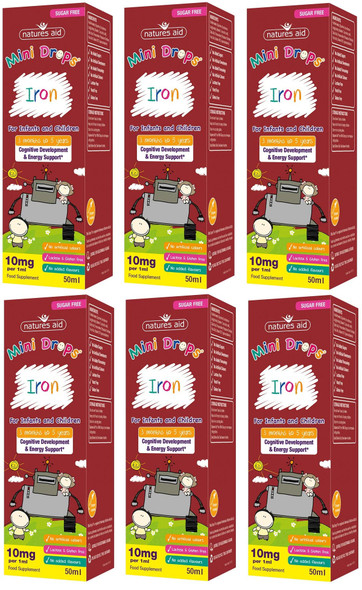 Natures Aid Iron Mini Drops for Infants and Children, Cognitive Development, Sugar Free, 50 ml (Pack of 6)