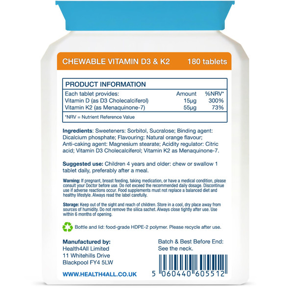 Health4All Kids Vitamin D3 + K2 180 Chewable Tablets 6 Months Supply for Children 4+