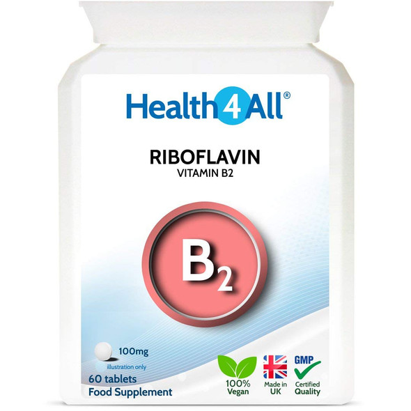 Vitamin B2 Riboflavin 100mg 60 Tablets . Migraine Support, Stress and Energy. Vegan. Made by Health4All
