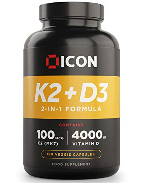 ICON Nutrition Vitamin D3 4000 iu + K2 (2-in-1 Formula) 180 Veggie Capsules 6 Month Supply