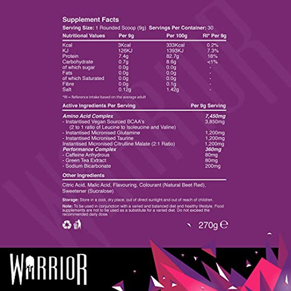 Warrior Amino Blast - 270g - Branch Chain Amino Acid Powder (BCAA) - Helps Build Lean Muscle and Speed Up Recovery (Grape Bubblegum)