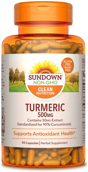 Turmeric Supplements by Sundown, for Antioxidant Health, Standardized Turmeric Extract, Non-GMOˆ, Free of Gluten, Dairy, Artificial Flavors, 500 mg, 90 Capsules