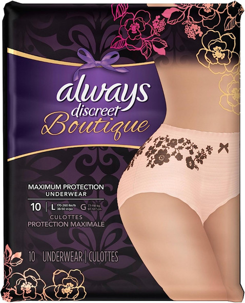 10 Count (1 Package) Large, Always Discreet Boutique Incontinence Underwear, Maximum Absorbency, Peach