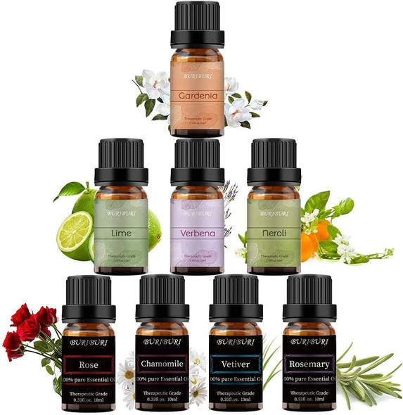 8 Pack Essential Oil Set, 100% Pure Diffusers Oil Gift Set (Lime, Verbena, Neroli, Gardenia, Chamomile, Rose, Vetiver, Rosemary)