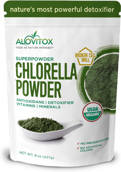 Alovitox Certified Organic Chlorella Powder 227g | Broken Cell | Nutrient Dense Superfood With Antioxidants, Proteins, Vitamins C, E, B Complex, Enzymes, Chlorophyll, Omegas 3 and more| USDA Organic Raw No Additives or Colors