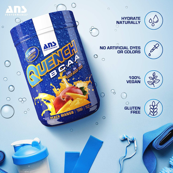 ANS Performance Quench BCAA Powder - Workout Muscle Recovery Drink - Dietary Supplement with Protein, Amino Acids - No Added Sugar, Zero Carbs And Calories - Keto-Friendly - 100 Servings, Peach Mango