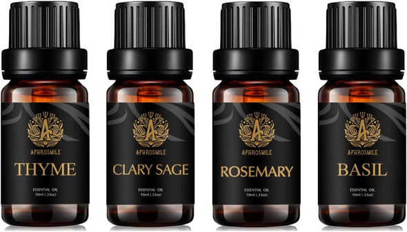 Aromatherapy Clary Sage Essential Oil Set for Diffuser, 100% Pure Thyme Essential Oils Kit for Humidifier, 4X10ml Therapeutic Grade Fresh Grassy Essential Oils Set-Clary Sage,Thyme,Rosemary,Basil Oil