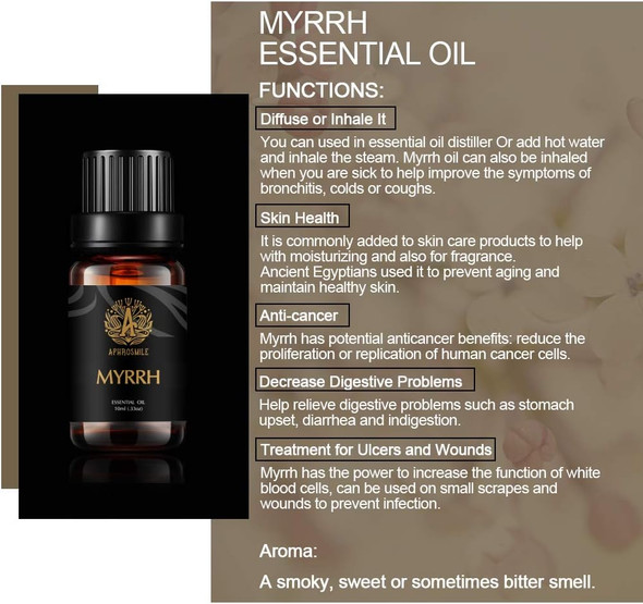 Aromatherapy Myrrh Essential Oil, 100% Pure Myrrh Scent Essential Oil for Diffuser, Humidifier, Massage, Therapeutic Grade Aromatherapy Essential Oil Myrrh Fragrance 0.33 oz - 10ml