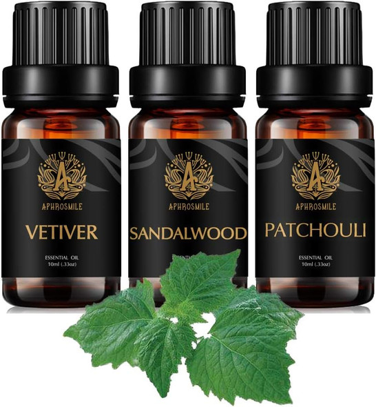 Aromatherapy Patchouli Essential Oil Set for Diffuser, 3X10ml 100% Pure Vetiver Essential Oil Kit for Humidifier - Patchouli, Vetiver, Sandalwood Essential Oil Set, Aromatherapy Sandalwood Oils Kit