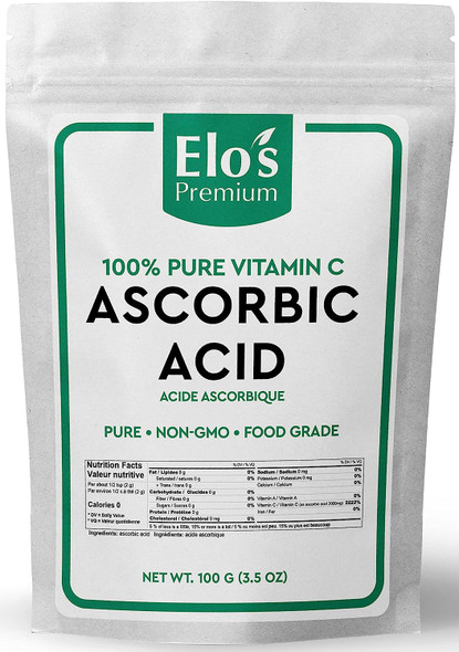 Ascorbic Acid (100g) By Elos Premium | Packaged In Canada| 100% All-Natural Pure Vitamin C| Non-GMO, Vegan, Gluten Free, and Keto | | Food Grade Powder Supports Immune System, Skin Repair, Metabolism & More