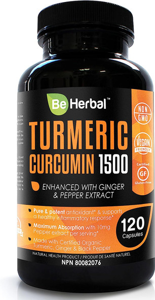 BE HERBAL Organic Turmeric Curcumin 1500mg with Black Pepper & Ginger - The Most Potent Certified Organic Turmeric Curcumin Supplement with 95% Curcuminoids - 120 Veg Capsules (120)