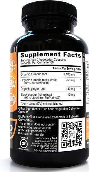BE HERBAL Organic Turmeric Curcumin 1500mg with Black Pepper & Ginger - The Most Potent Certified Organic Turmeric Curcumin Supplement with 95% Curcuminoids - 120 Veg Capsules (120)