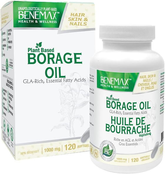 Benemax Borage Oil. Plant Based - Omega 6 Essential Fatty Acids. GLA-Rich Oil for Better Skin. High Absorption 1000mg Liquid Softgels. 120 softgels per Bottle